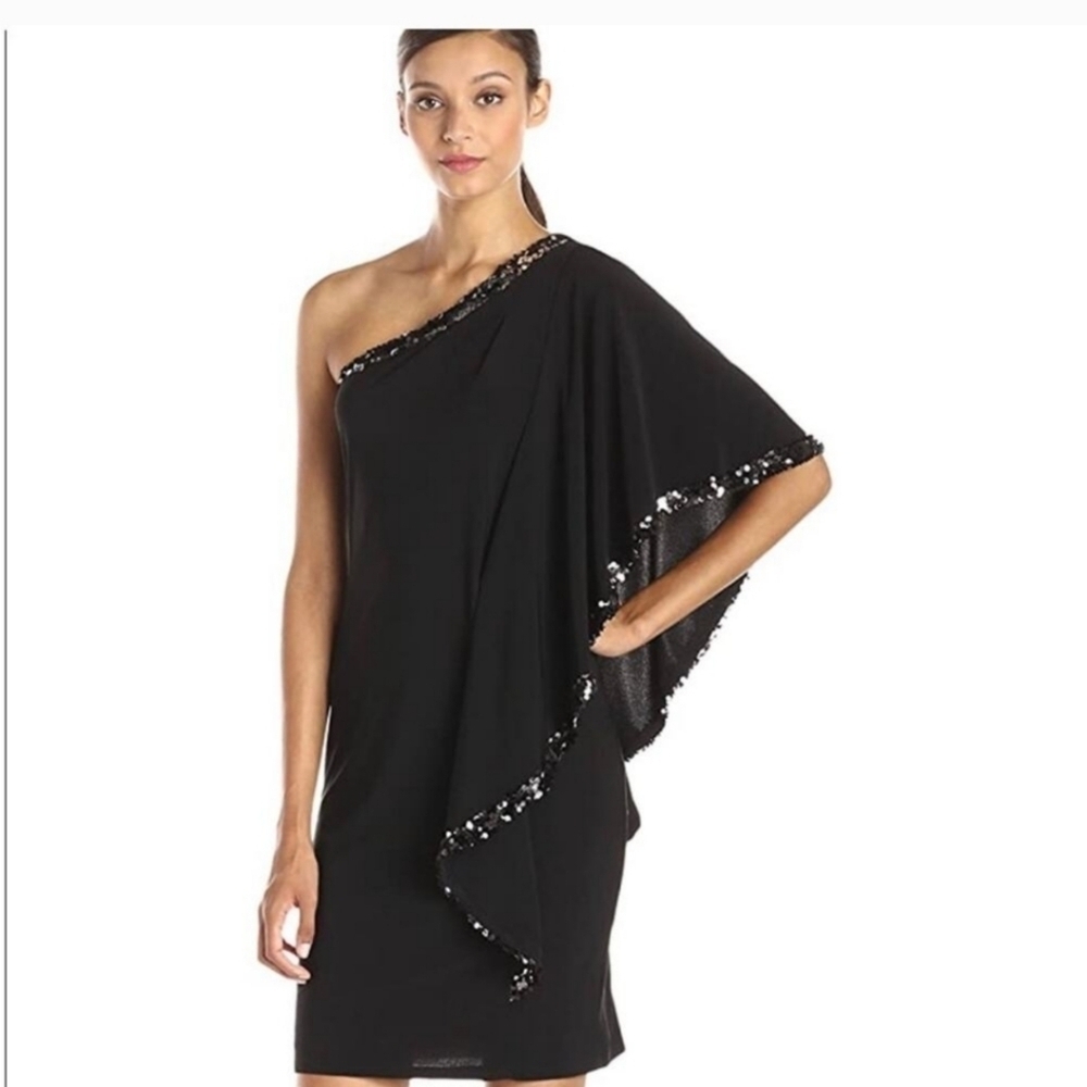 Betsy & Adam One Shoulder Sequin Trim batwing ruffle sheath black mini Dress 6